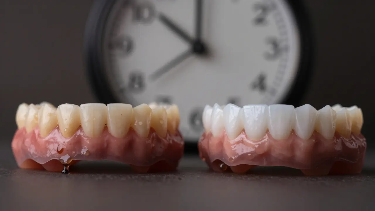 Porovnání přirozených a bělených zubů po 14 dnech.