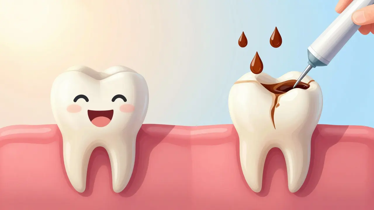 Porovnání zdravého zubu s poškozeným zubem kvůli příliš častému používání ultrazvukového čističe.