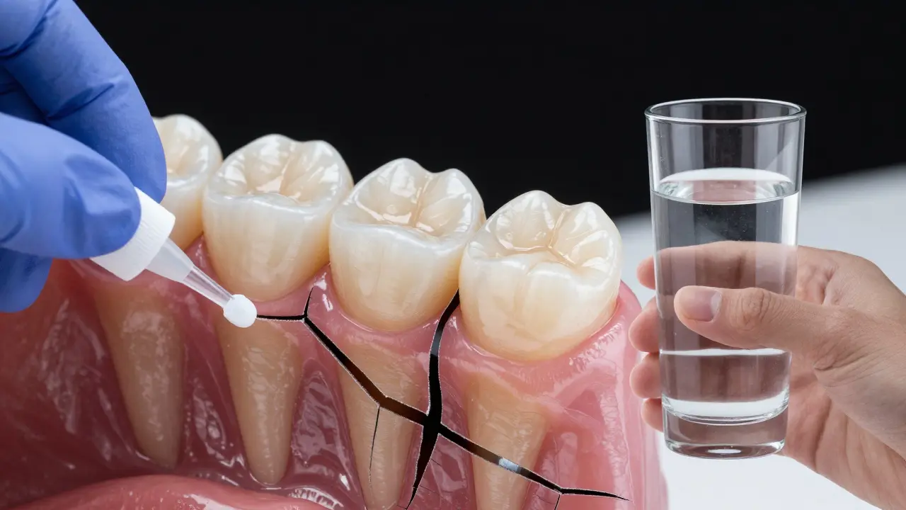 Poškozená sklovině s trhlinou a keramickou vložkou, která ji nahrazuje, zatímco se aplikuje fluorid.