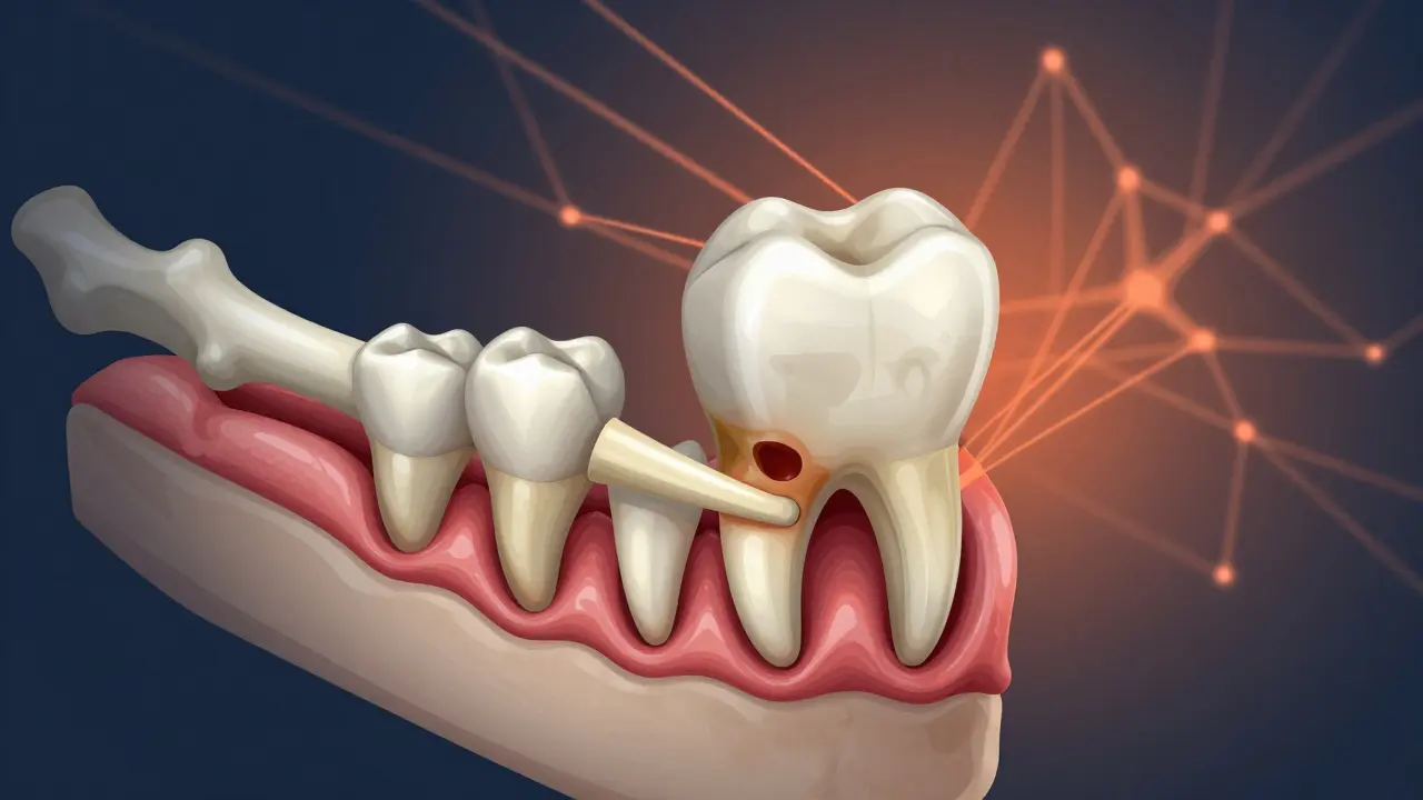 Průřez čelisti s impacted osmičkou tlačící na sousední zub a zánětlivou tkání.