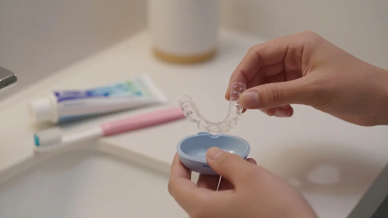 Ruce sundávají průhledná rovnátka z malého obalu ve výšce zubní kartáčku.
