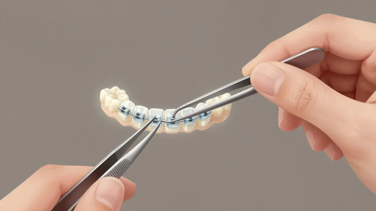 Ruka s ortodontickými klešticemi přidává bezlatexové gumičky na keramické čepičky.