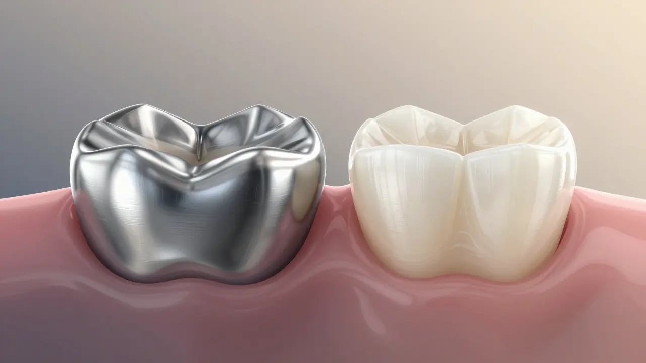 Side-by-side comparison of traditional metal-ceramic crown and natural-looking ceramic crown with light transmission.