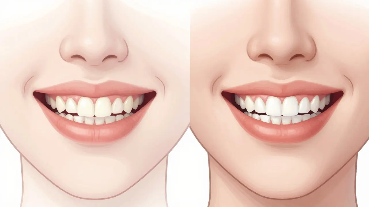 Side-by-side comparison of uneven teeth versus transformed smile after veneers.