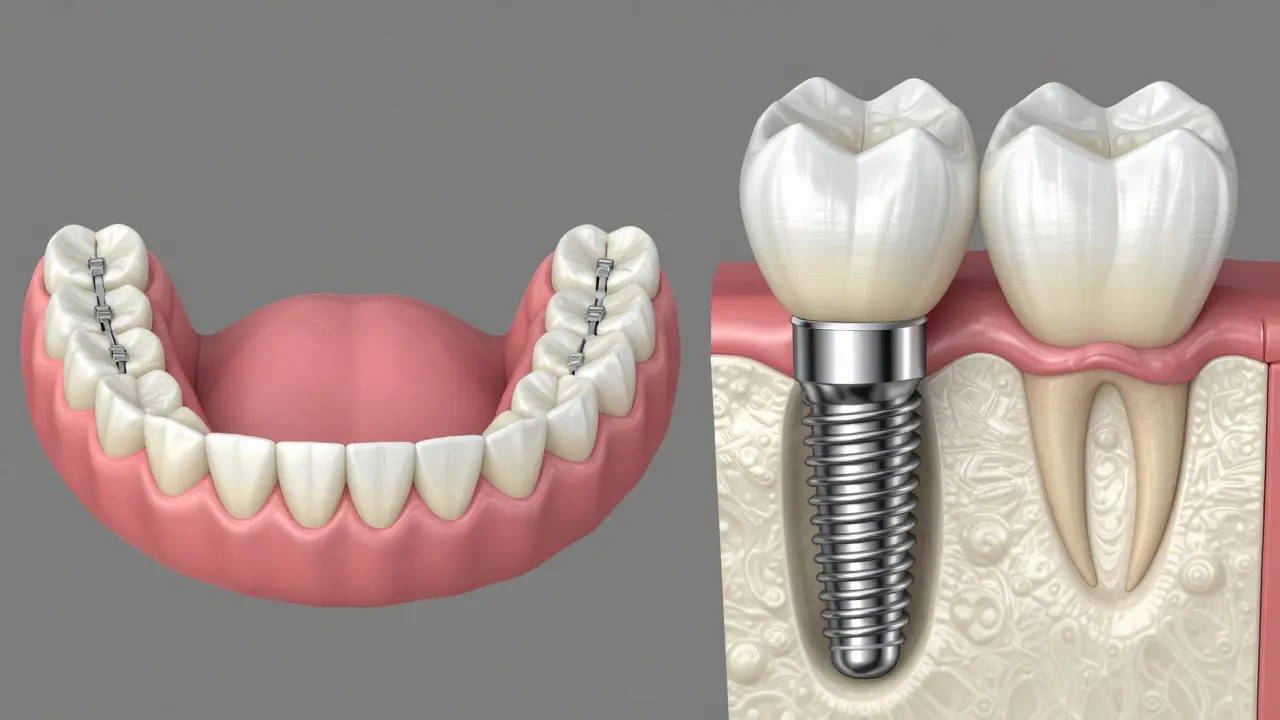 Srovnání odstraňovatelné protézy a zubního implantátu s vnitřní strukturou kosti.