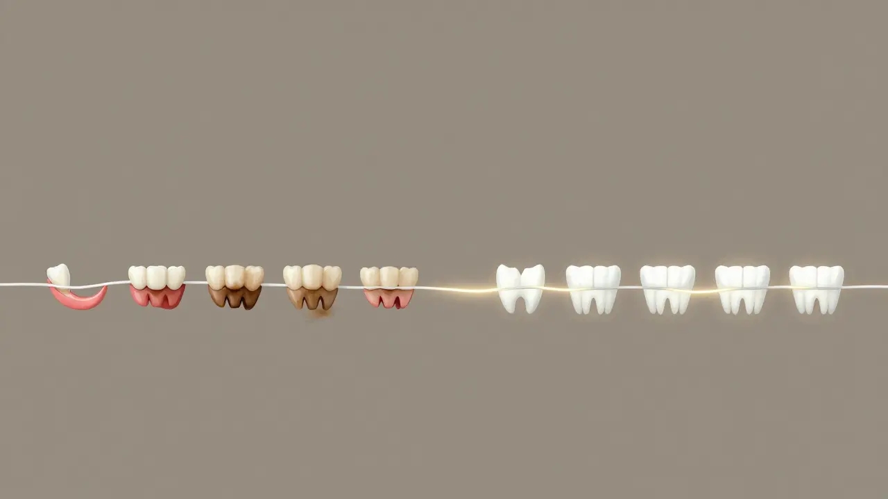 Srovnání zdravého a poškozeného zubního řetězce během života.