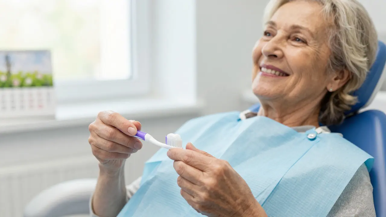 Stará žena po odborném čištění zubů s toothbrushem a pastou.