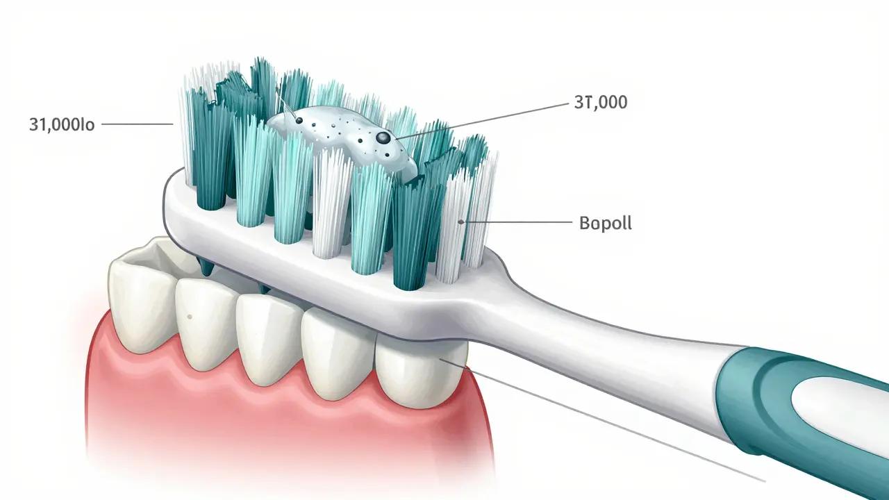 Technický náčrt sonického štětce s mikropěnou pronikající pod dásně, v kontrastu s ručním kartáčkem.