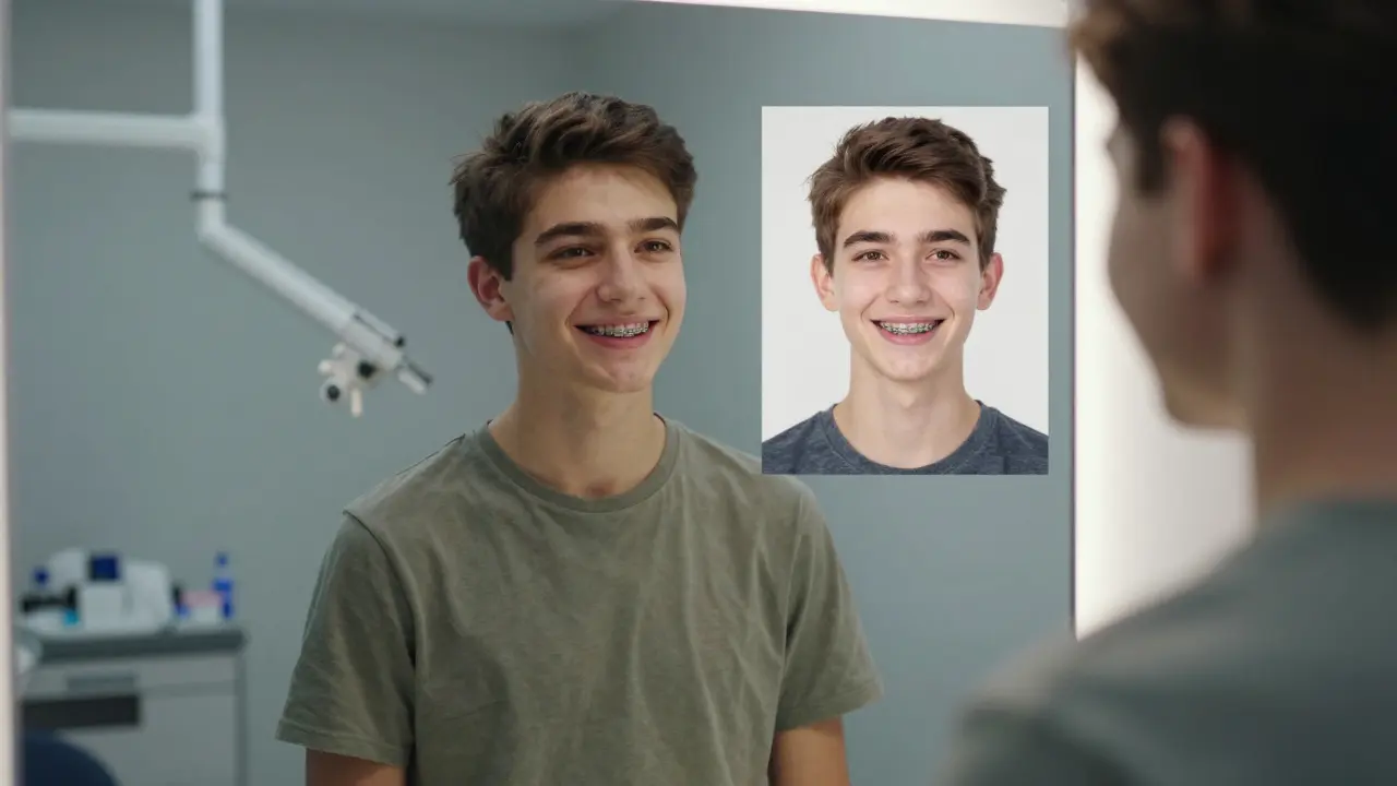 Teenager s braketami se dívá do zrcadla a vidí výrazné zlepšení svého úsměvu.