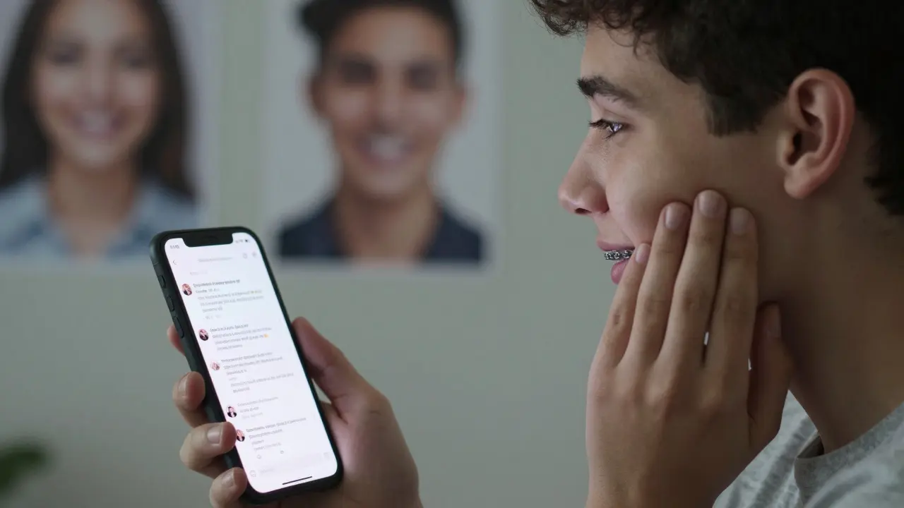 Teenager se dívá do zrcadla s rovnátky, drží telefon s podporující zprávou.