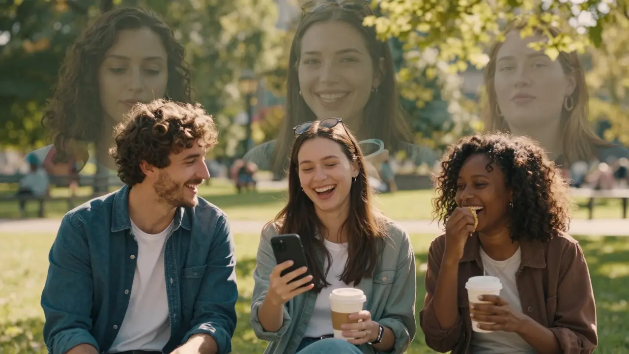 Tři lidé se smějí v parku, jejich úsměvy jsou otevřené a bez obav, slunce osvětluje jejich tváře.