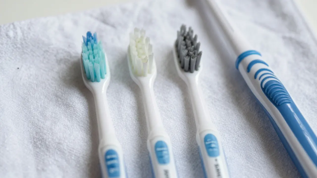 Tři výměnné štětce: měkký, ultra-měkký a opotřebovaný, položené na ručníku vedle držáku kartáčku.