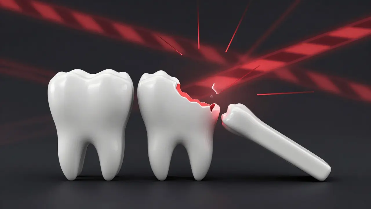 Tři zuby v řadě, kde prostřední kazí způsobuje posun sousedních zubů