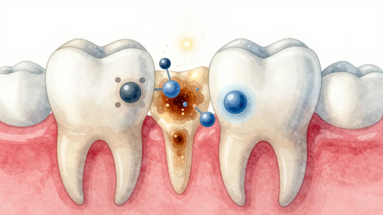 Vnitřní struktura zubu s chemickým rozkladem skvrn.