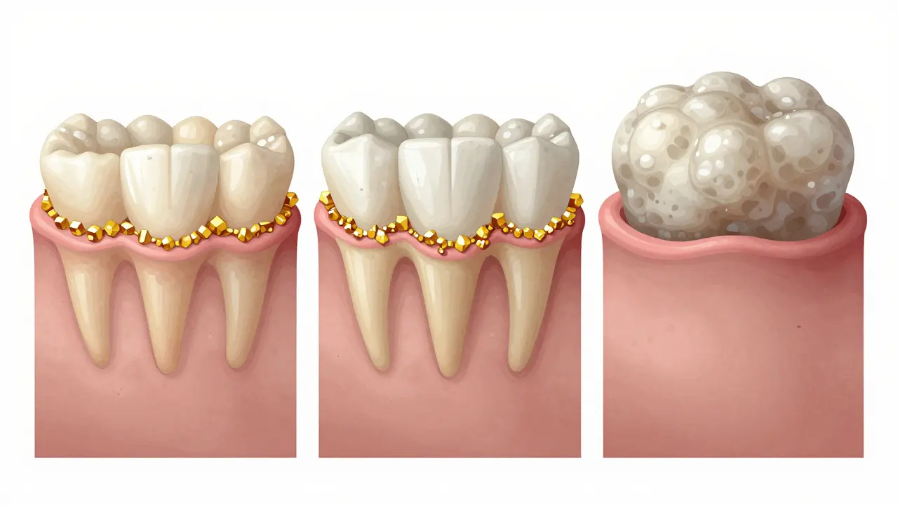 Vývoj zubního plaku v tvrdý zubní kámen v třech fázích.