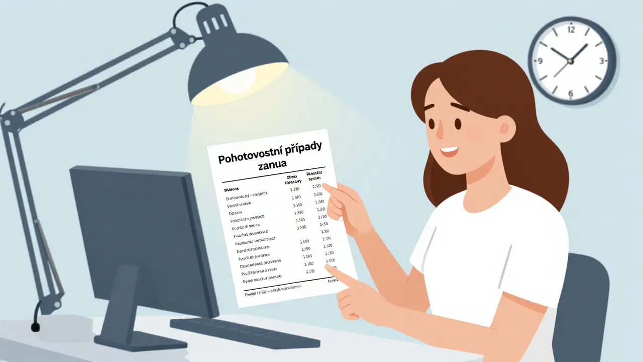 Žena prohlíží cenovou listinu s označením 'pohotovost zdarma', telefon ukazuje selhání termínu.