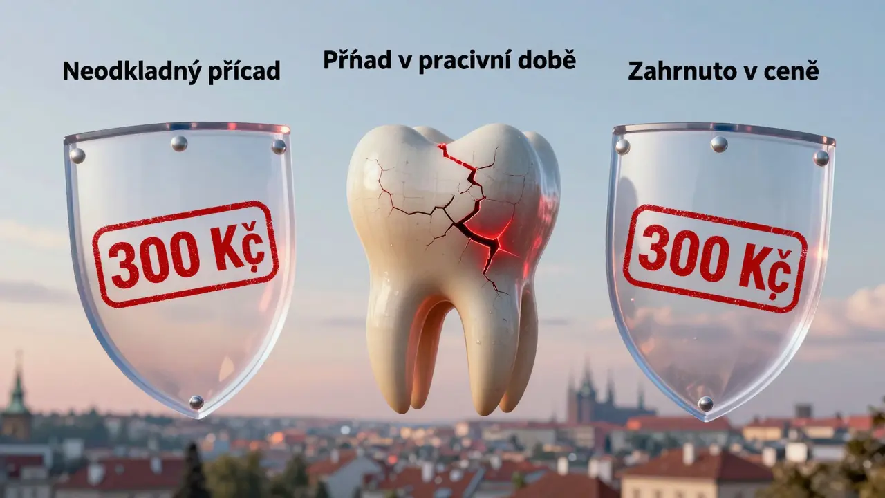 Zlomený zub obklopen třemi štíty, které blokují poplatek, pozadí Praha — symbolická ochrana práva na péči.