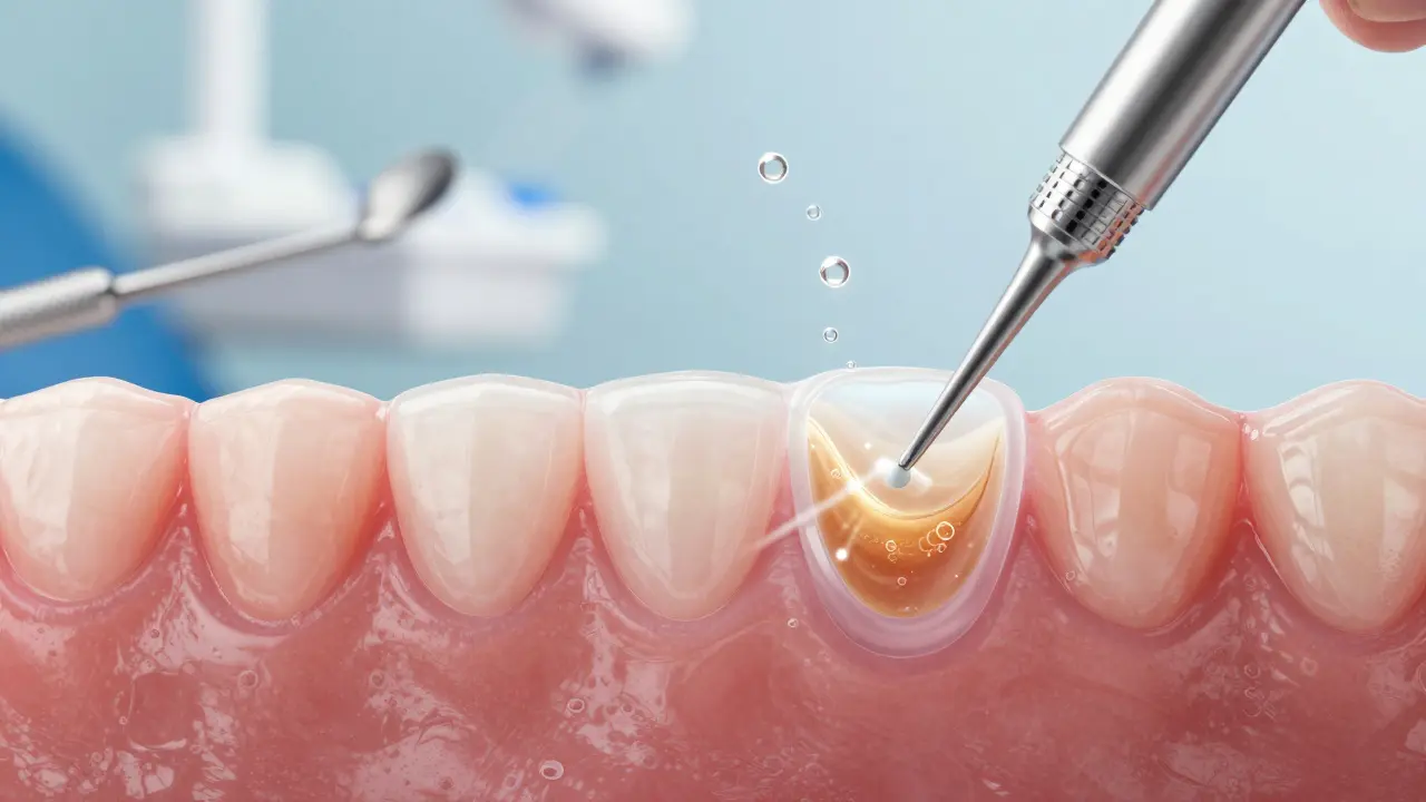 Zobrazení rozkladu biofilmu pod dásněmi pomocí ultrazvukových vln a bublinek.