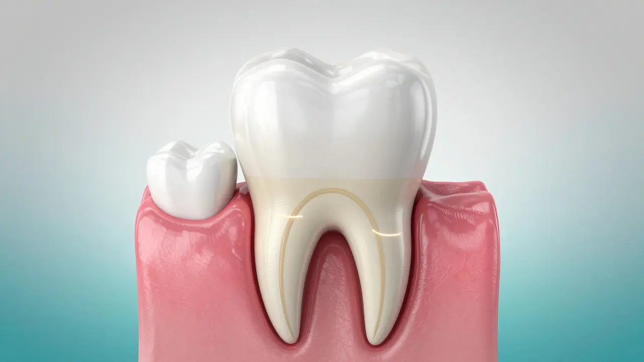 3D ilustrace průřezu zubu znazornující sklovinu a zubní pulpu.