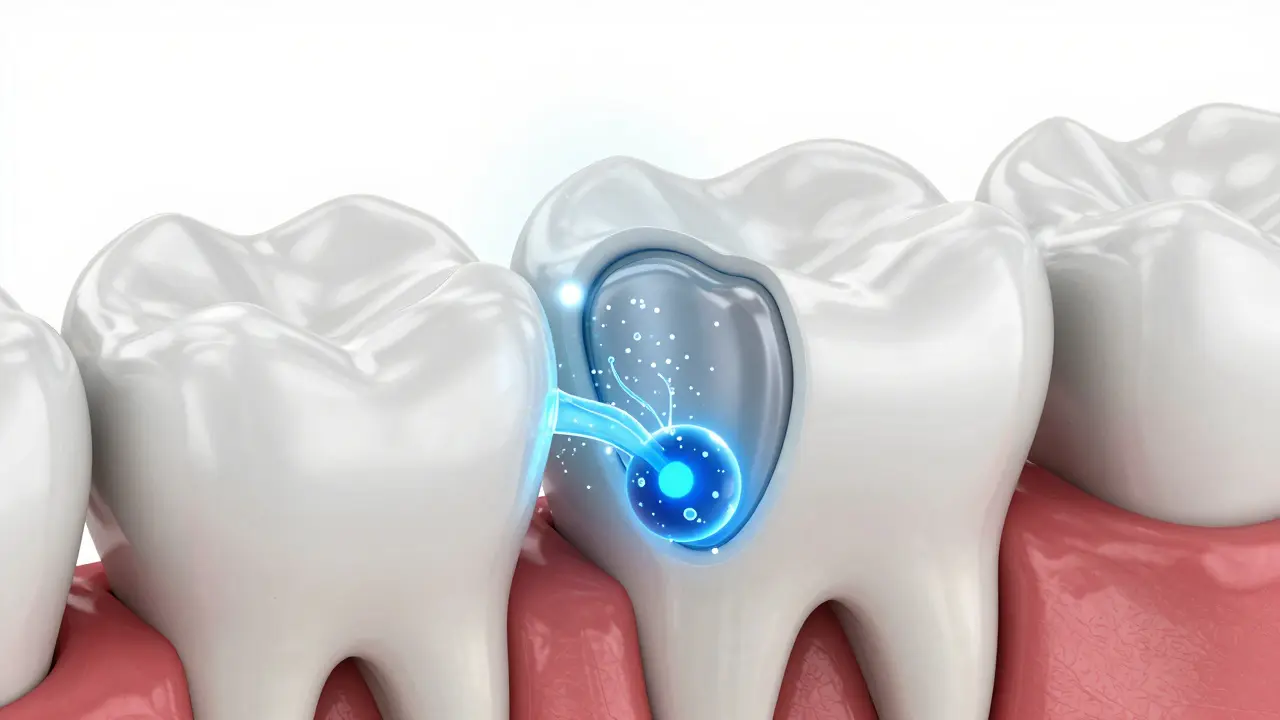 3D ilustrace skloionomerní plomby uvolňující fluorid do zubu.