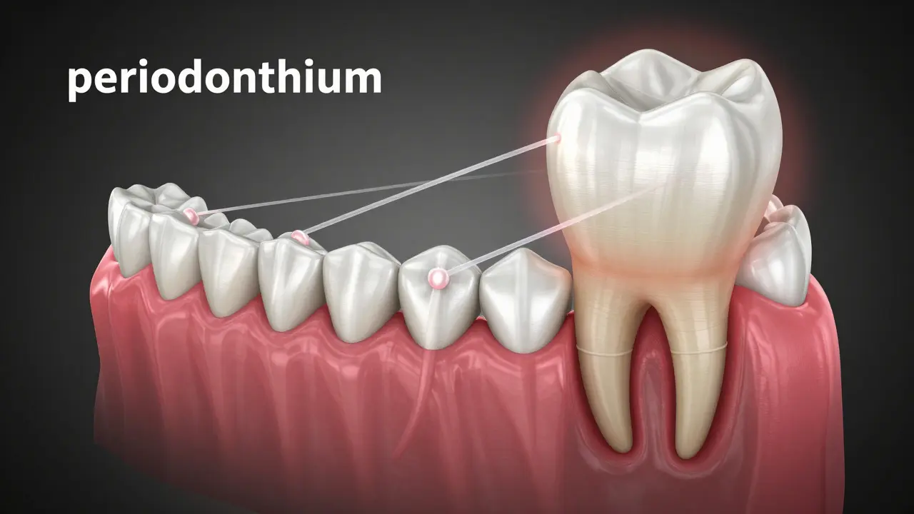 3D ilustrace tlaku ortodontických gumiček na periodontium zubu.