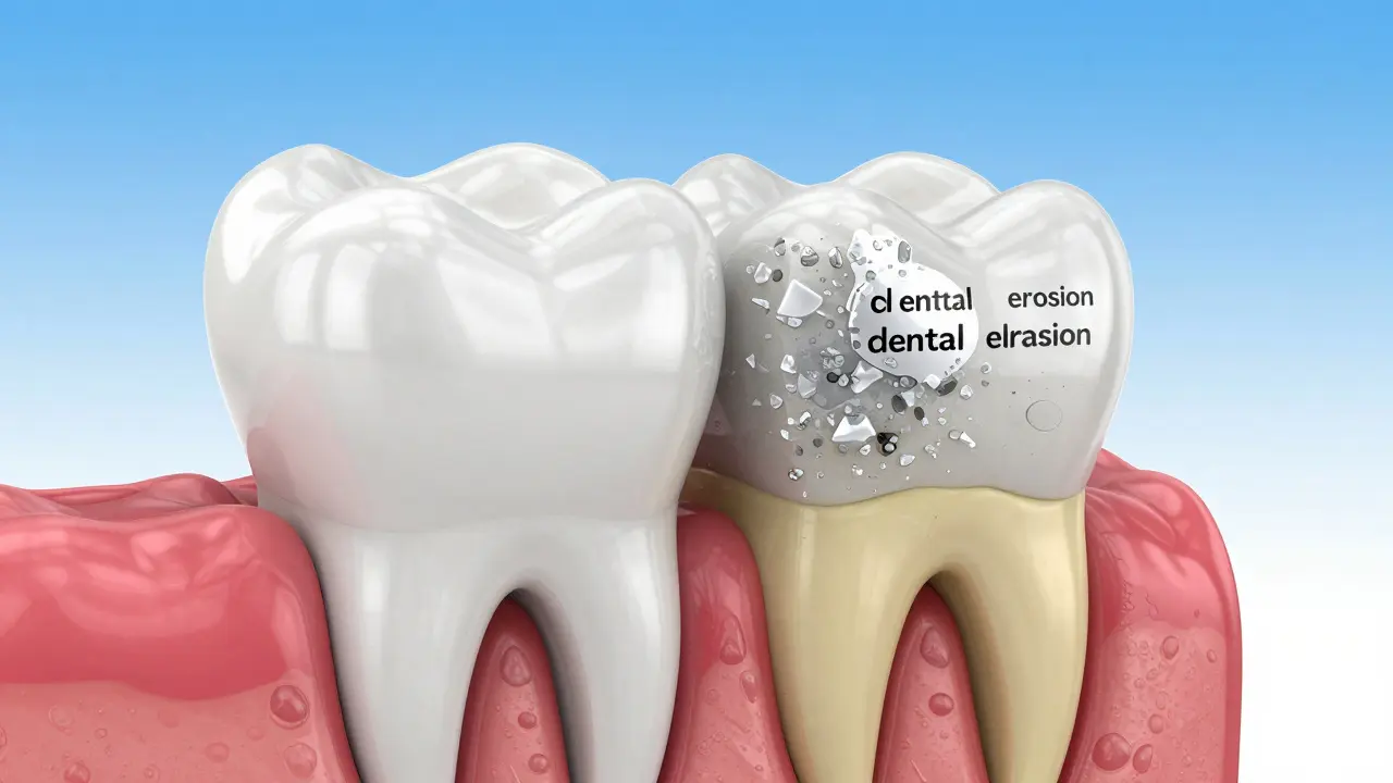 3D ilustrace znázornující erozi zubní skloviny a odhalení žlutého dentinu.
