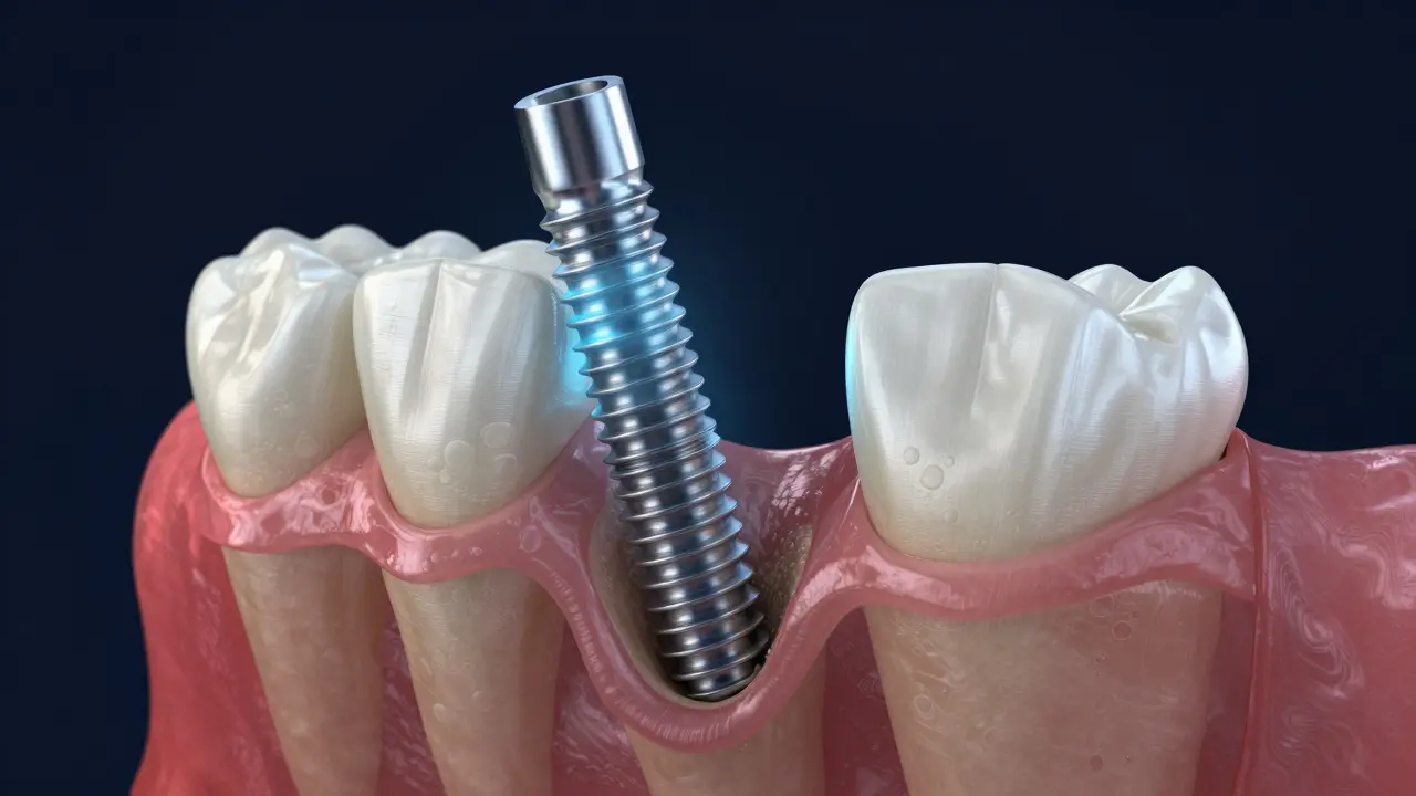 3D vizualizace titanového implantátu srostlého s čelistní kostí.