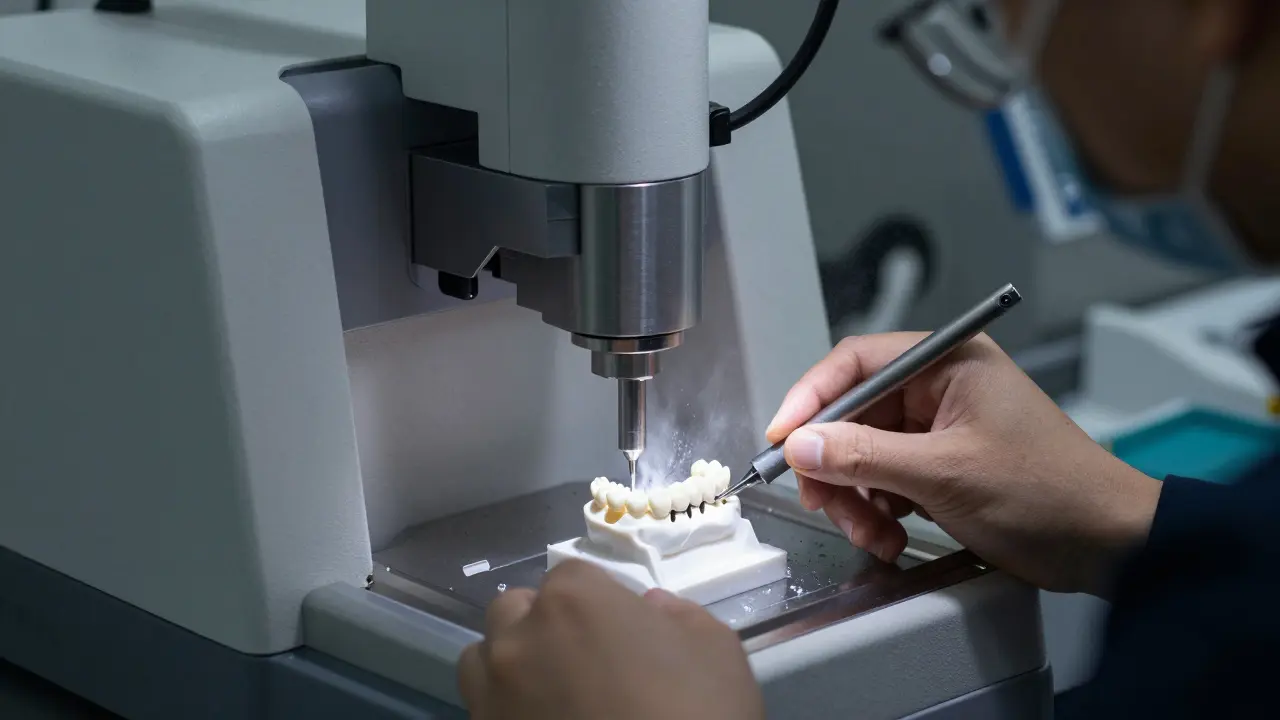 CAD/CAM frézovací stroj v laboratoři vyrábějící zubní můstek z cirkonu.