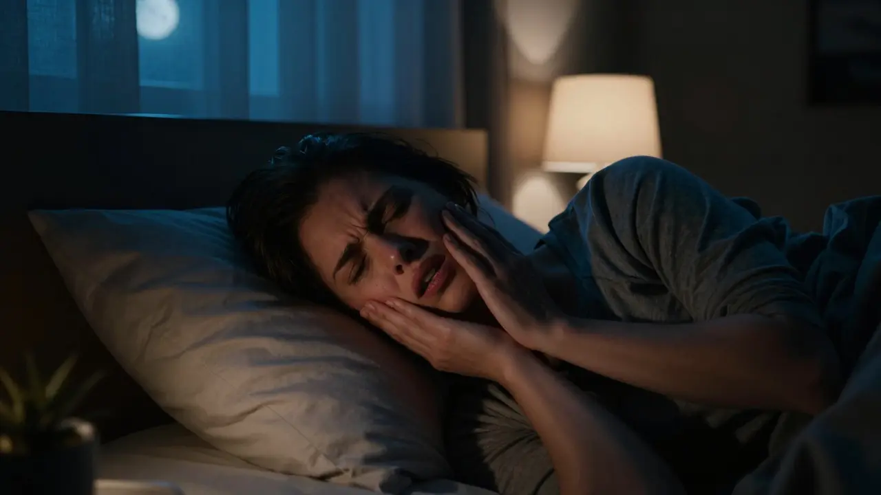 Člověk trpící bolestí zubu v noci v temné lůžkovině.