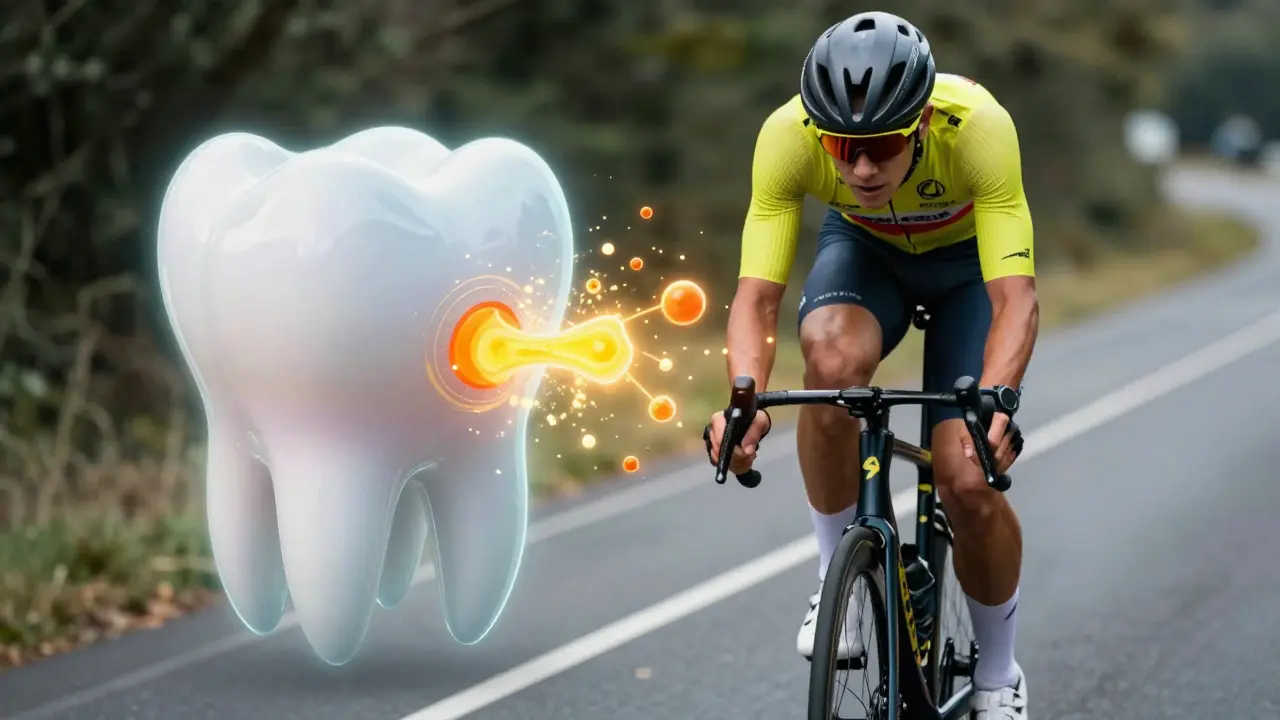 Cyklista během závodu s vizualizací vlivu kyselin z nápojů na zuby.
