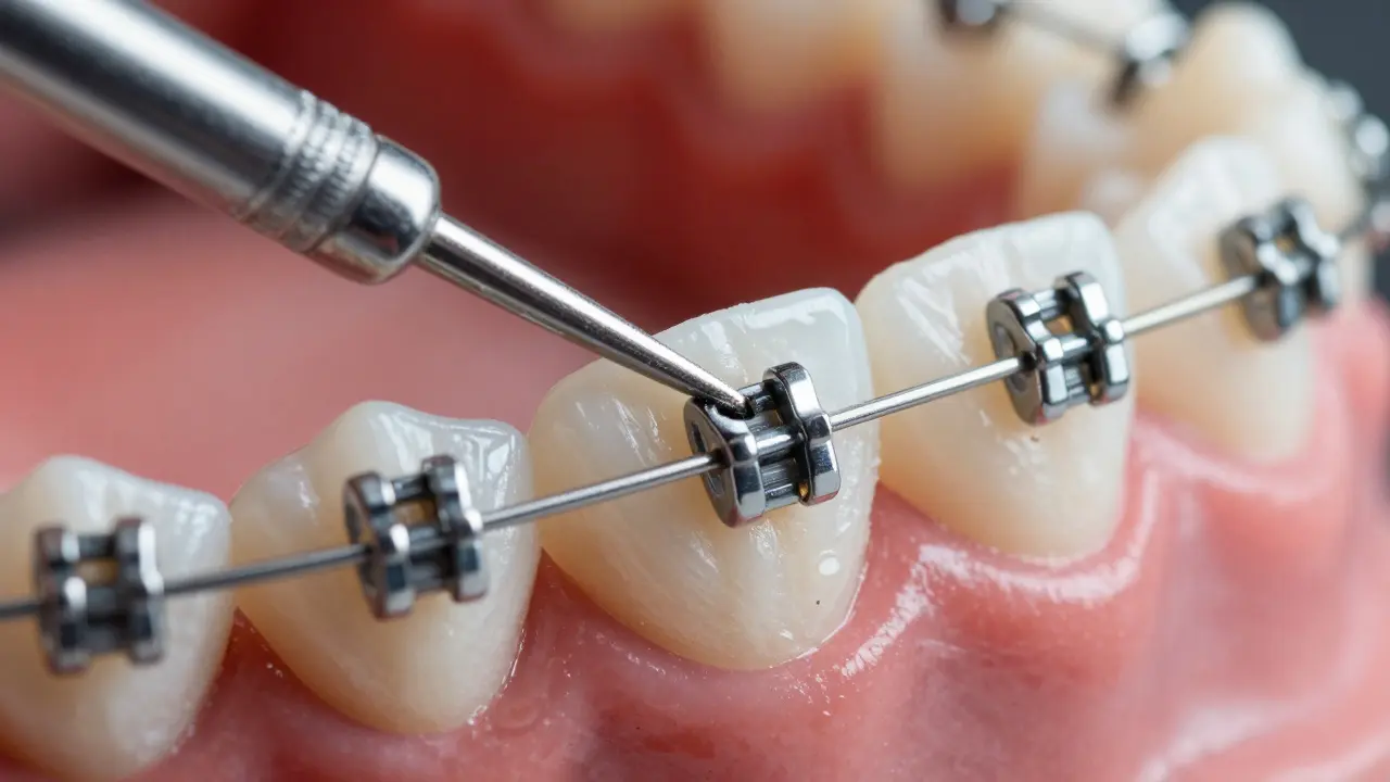 Detail čištění mezeračským kartáčkem pod drátem rovnátka.