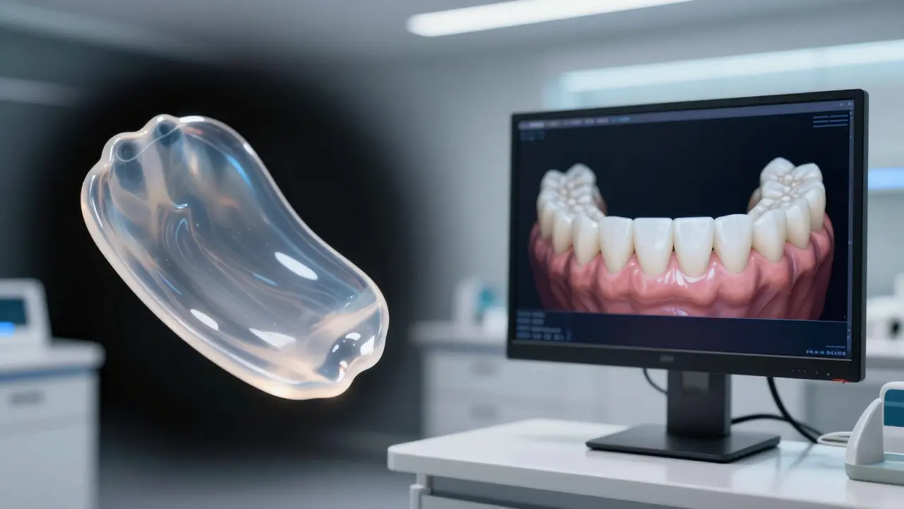 Detail keramické fazety a digitální 3D sken chrupu v klinickém prostředí.