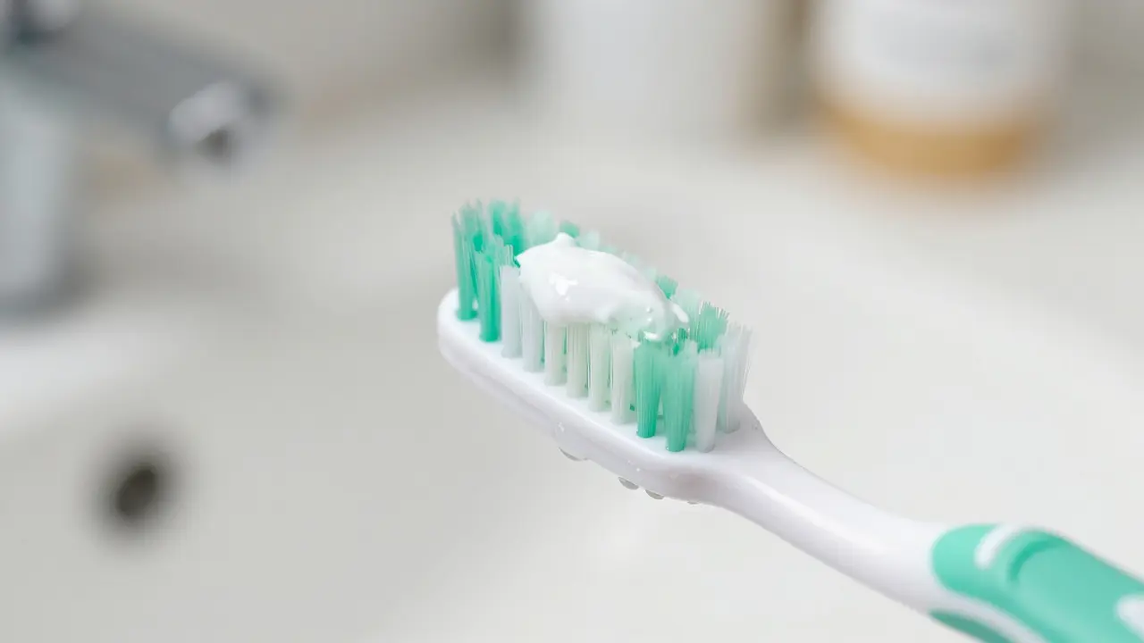 Detail správného čištění předních zubů měkkým kartáčkem pod úhlem.