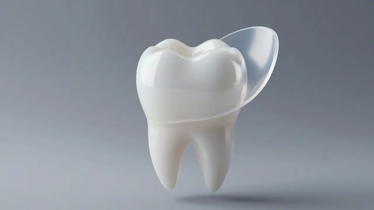 Detailní 3D render tenké celokeramické fasety před aplikací na zub.