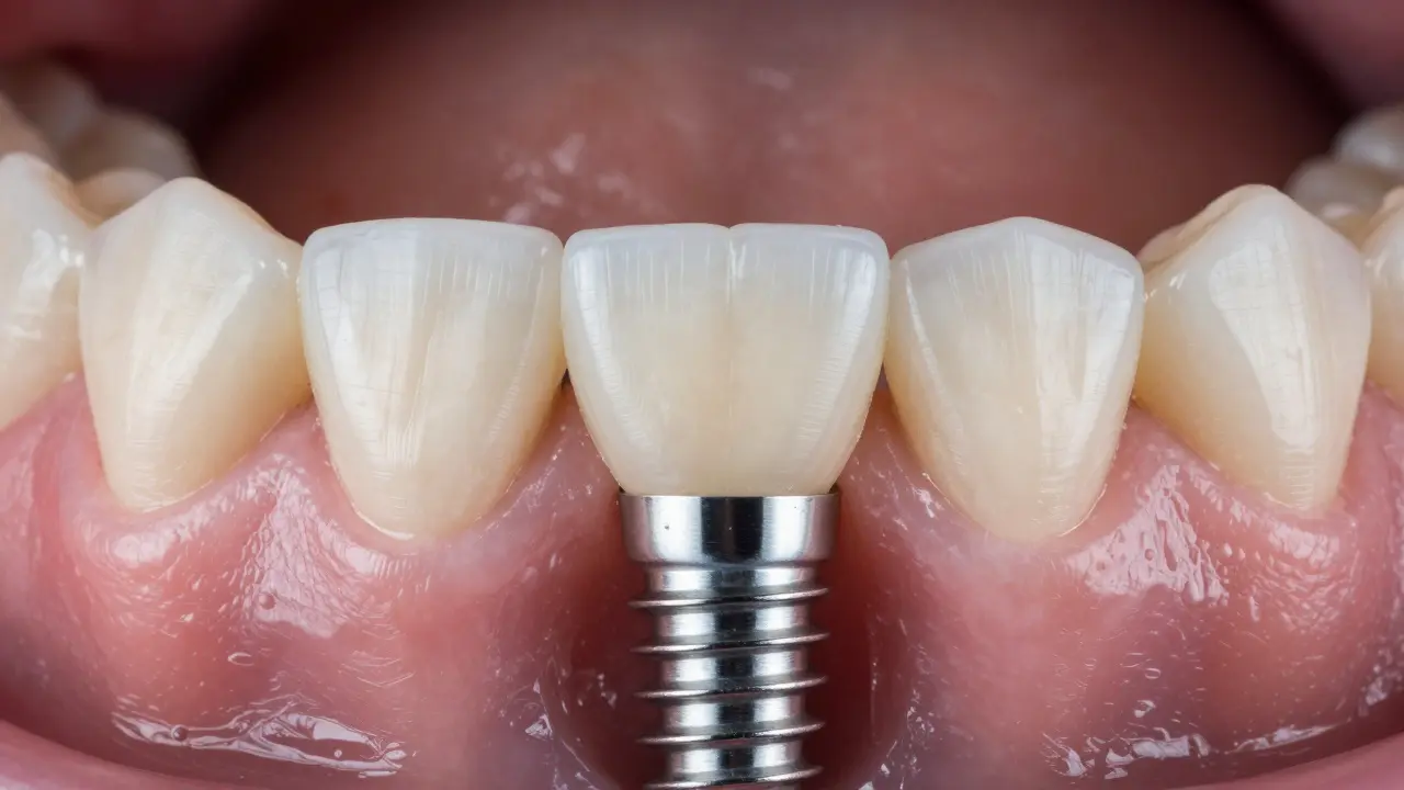 Detailní pohled na zubní implantát s titanovým šroubem a keramickou korunkou v dásni.