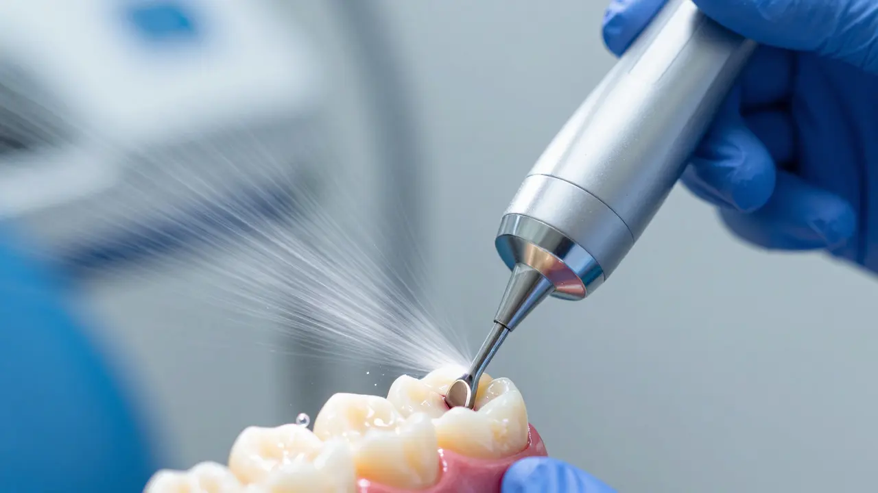 Detailní záběr na ultrazvukové čištění zubů s proudem vody.