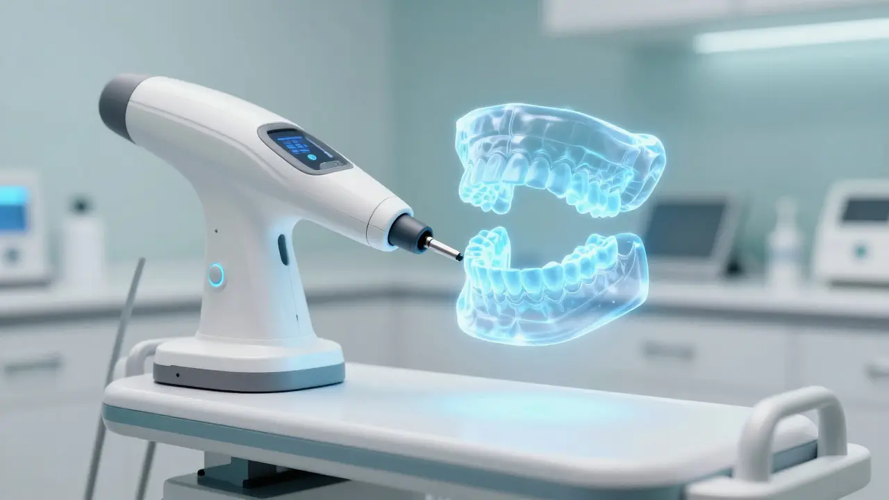 Holografický 3D model chrupu nad moderním digitálním skenerem v klinice.