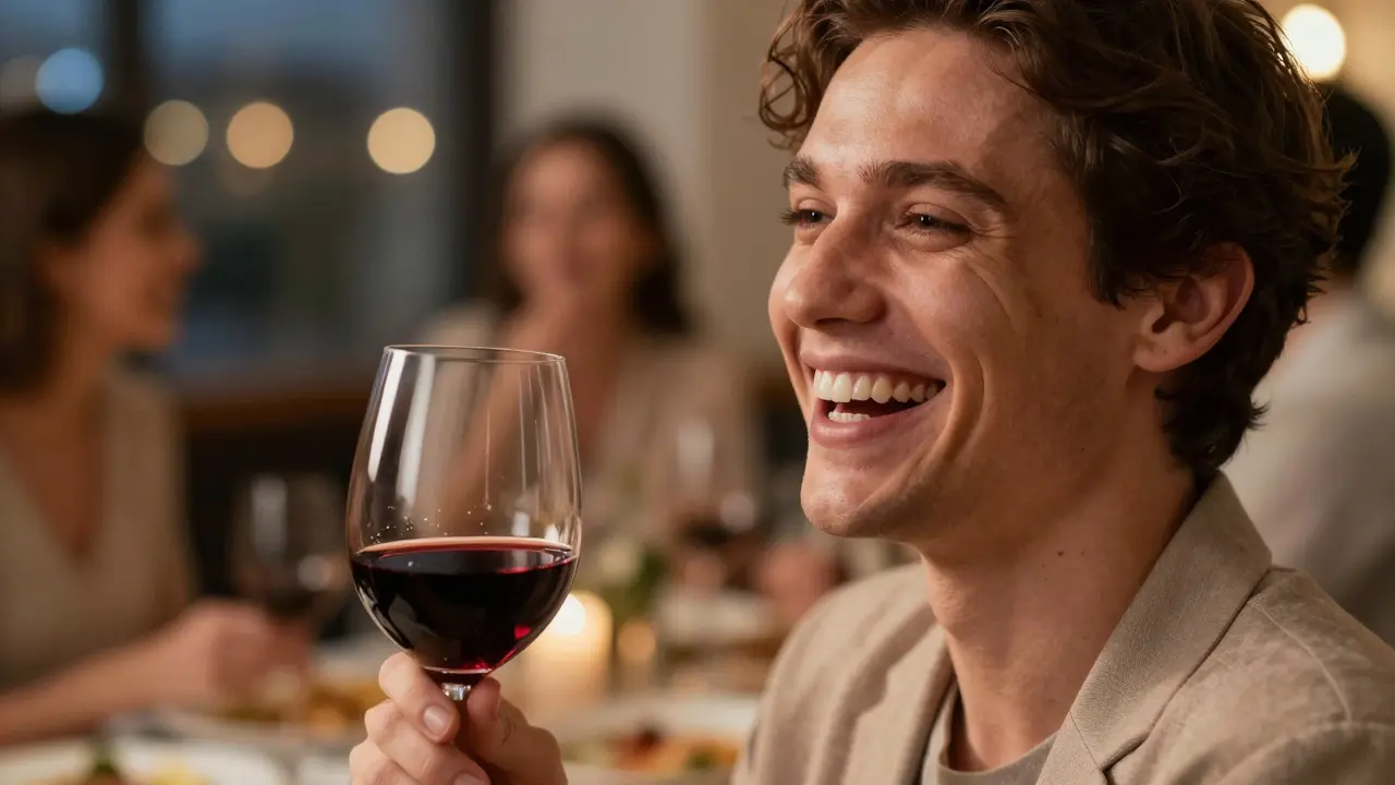 Kandidovní záběr člověka s přirozeným a zářivým úsměvem na společenské akci.