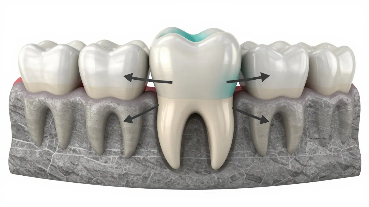 Konceptuální 3D model zubu s velkou výplní znázornující tlak na stěny zubu.
