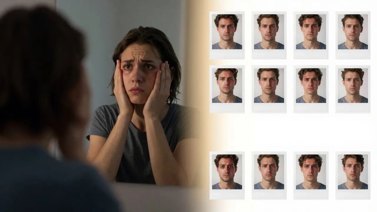 Konceptuální obraz znázornující postupný ústup otoků z obličeje v čase.