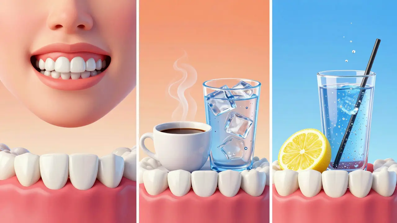 Konceptuální zobrazení příčin poškození skloviny: stres, teplotní šoky a kyseliny.