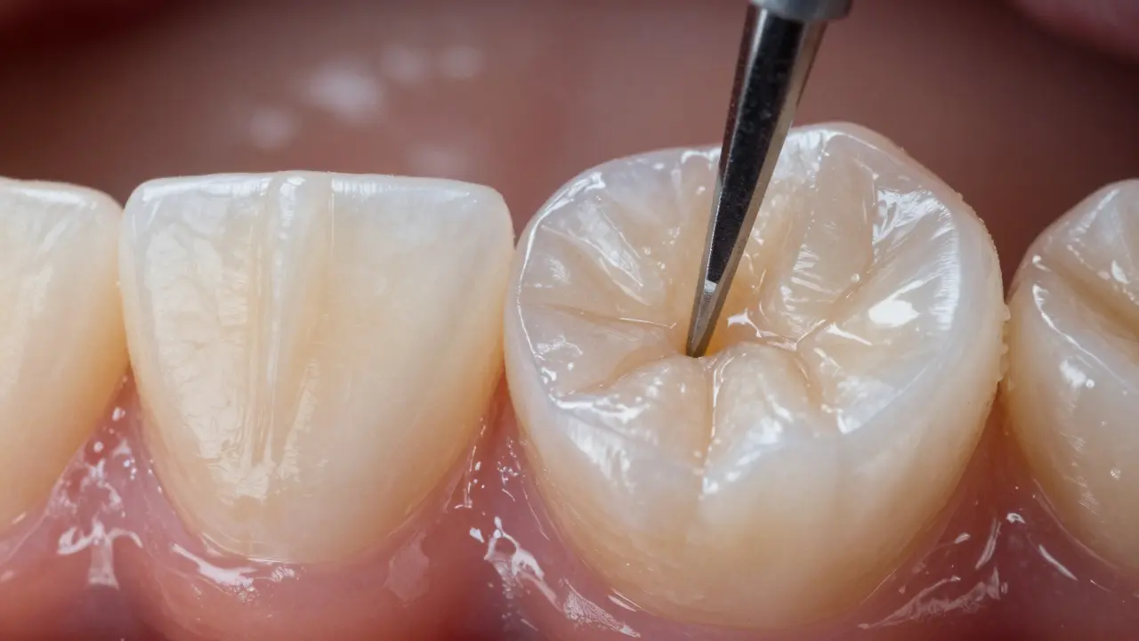 Makrofotografie precizně zapasované kompozitní inlay v přírodním zubu.