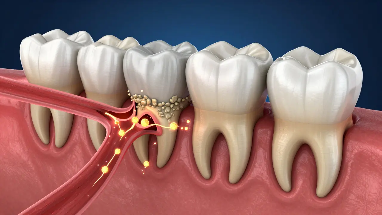 Medicínská ilustrace ústupu dásní a vlivu plaku na krevní oběh.