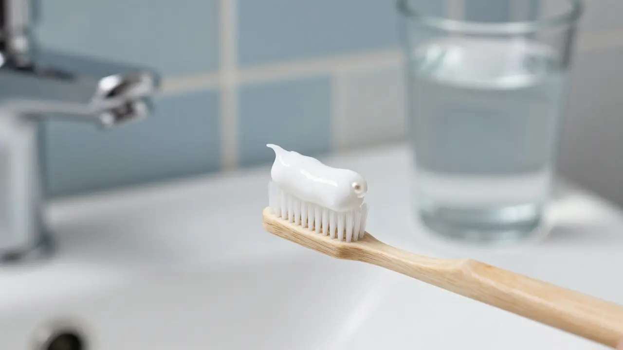 Měkký kartáček s pastou pro citlivé zuby v koupelně.