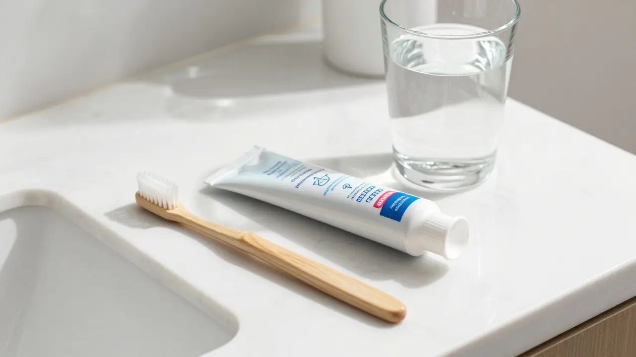 Měkký zubní kartáček a pasta pro péči o citlivou sklovinu.