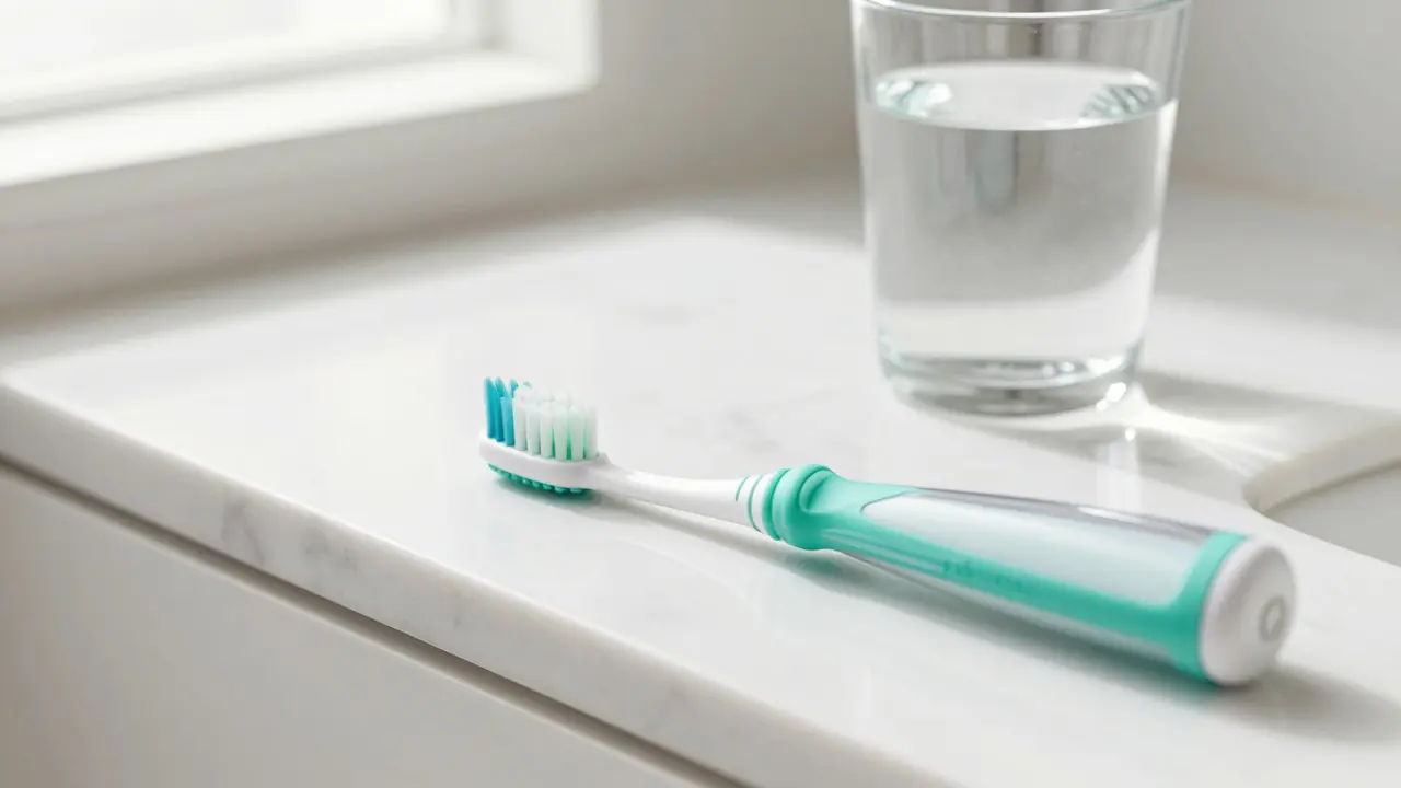 Mezižubní kartáček a ústní sprcha na koupelnovém pultu pro péči o zuby.