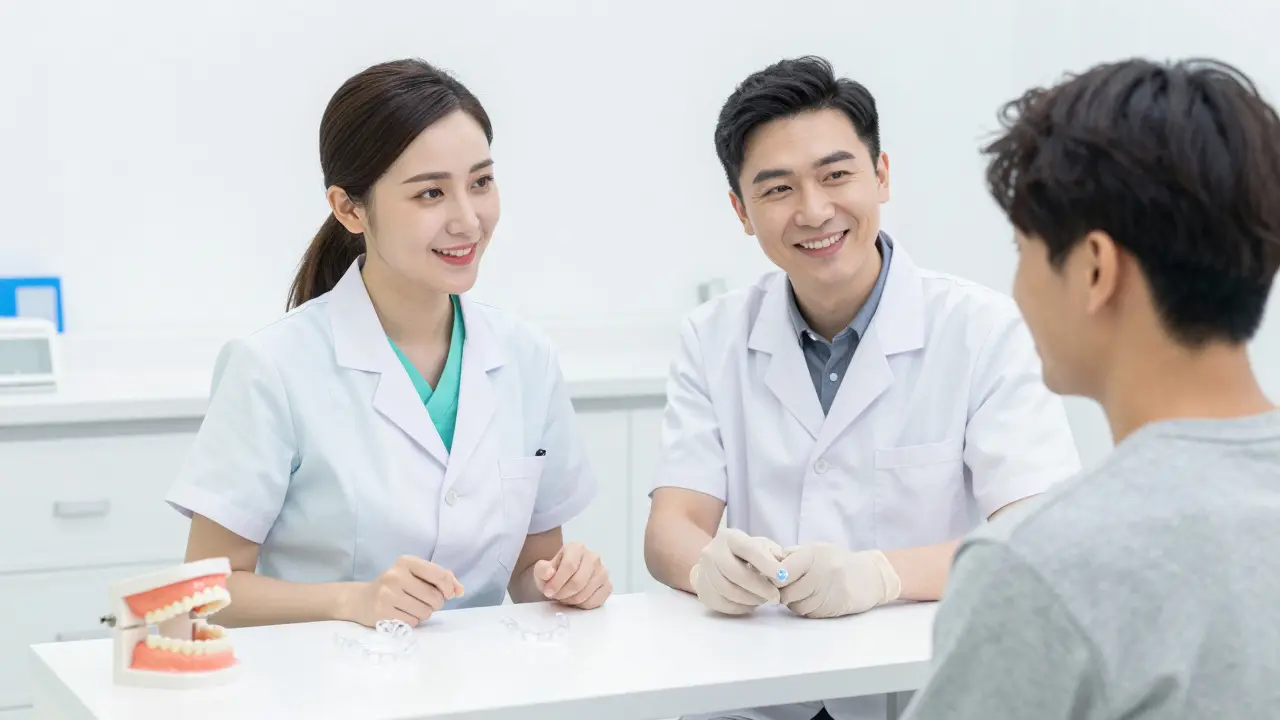 Pacient a zubař diskutující nad neviditelným ortodonckým systémem v moderní ordinaci.