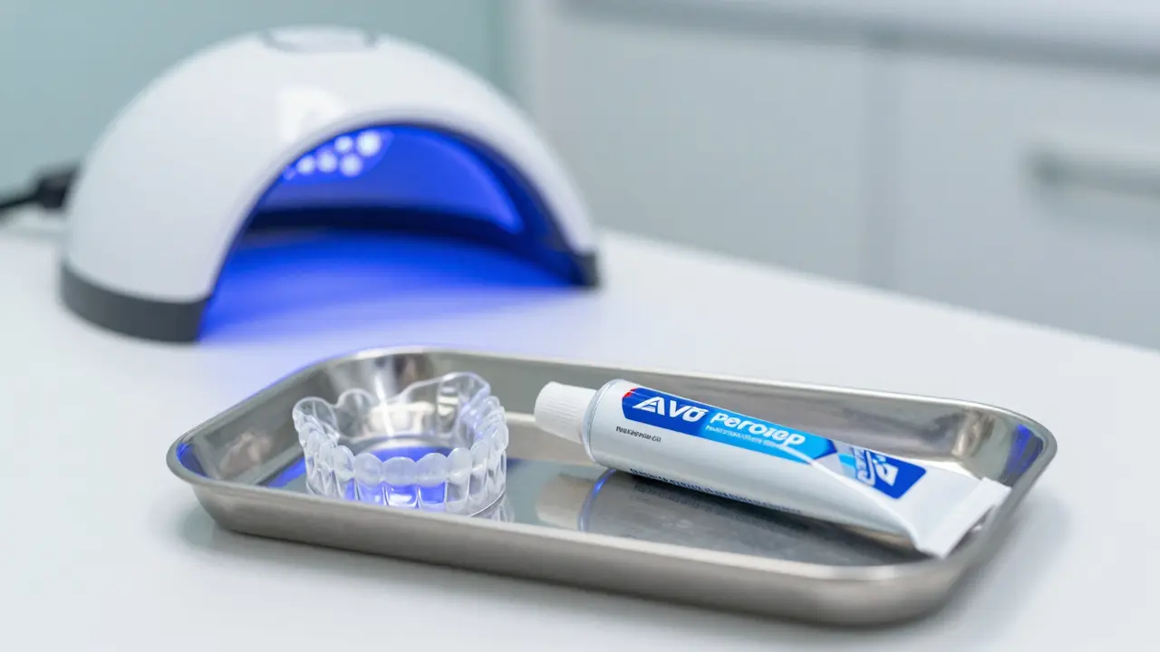 Profesionální bělicí gel a šablony v moderní zubní ordinaci.