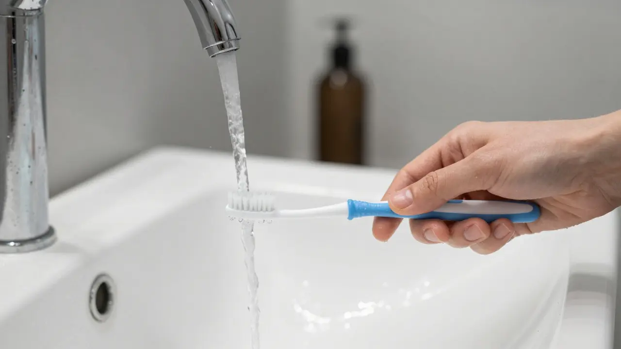 Rukou držený mezizubní kartáček oplachovaný čistou vodou v koupelně.