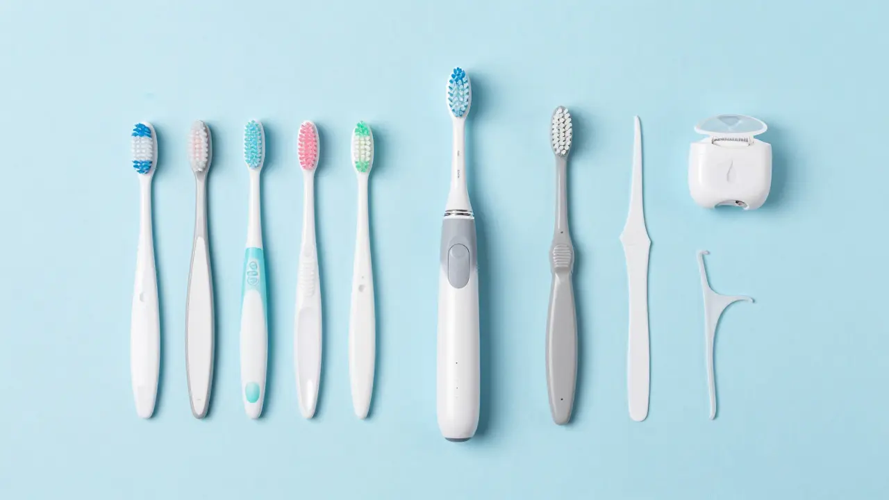 Sada pomůcek pro domácí hygienu: sonický kartáček, mezizubní kartáčky a nitě.